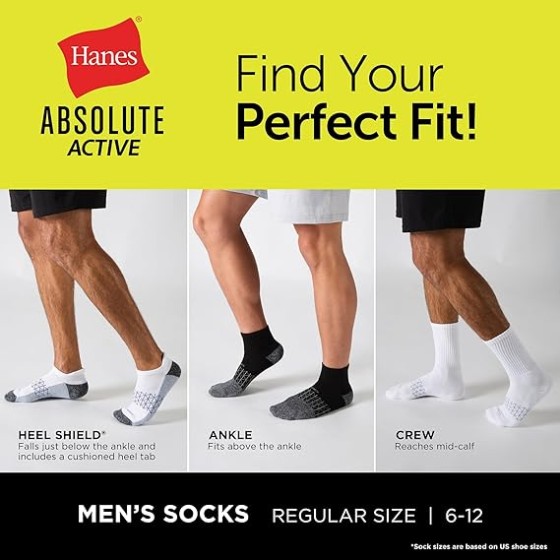 Hanes Men's Absolute Active Cushioned Crew, Moisture Wicking Socks, Seamless Toe, 4-Pack