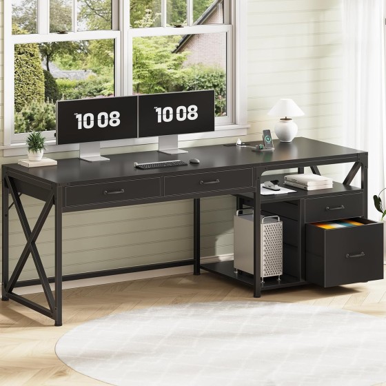 SEDETA 63" Office Desk with 4 Drawers, Computer Desk with File Drawer & Power Outlet, Home Office Desk with Storage Shelves & Printer Cabinet