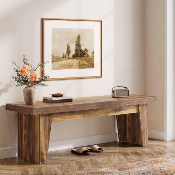 Tribesigns 55" Wooden Entryway Bench, Farmhouse Long Entry Seat, Indoor End of Bed Stool with Storage Capability for Hallway, Living Room, Bedroom, Easy Assembly, Dark Brown